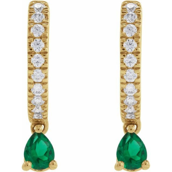 (NEW) BELLA COUTURE® CATHERINE Teardrop Natural Emerald 1/4 CT Diamond 14K Yellow Gold Huggie Hoop Dangle Drop Earrings