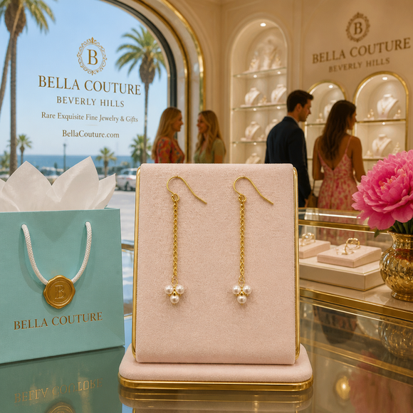 (NEW) BELLA COUTURE® CASHMERE DAINTY WHITE SEED PEARL 14K YELLOW GOLD DANGLE DROP POST CHANDELIER EARRINGS (2")