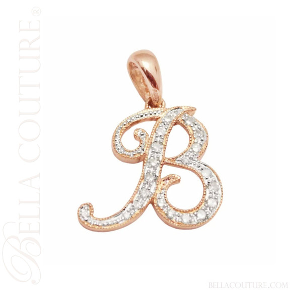 (NEW) BELLA COUTURE ® BRISTOL Initial Letter (B) Diamond 14K Rose Gold Italic Cursive Large Alphabet Charm Pendant Jewelry (16MM x 12MM)