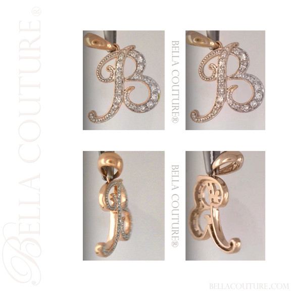 (NEW) BELLA COUTURE ® BRISTOL Initial Letter (B) Diamond 14K Rose Gold Italic Cursive Large Alphabet Charm Pendant Jewelry (16MM x 12MM)