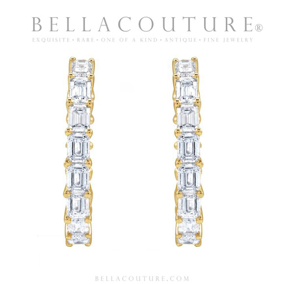 (NEW) BELLA COUTURE® BRIE 3CT DIAMOND BAGUETTE 14K YELLOW GOLD POST HOOP HUGGIE EARRINGS (22MM)