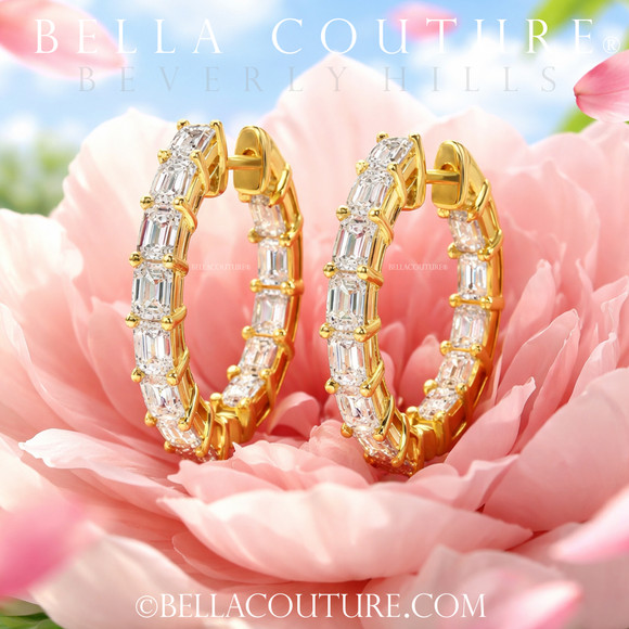 (NEW) BELLA COUTURE® BRIE 3CT DIAMOND BAGUETTE 14K YELLOW GOLD POST HOOP HUGGIE EARRINGS (22MM)