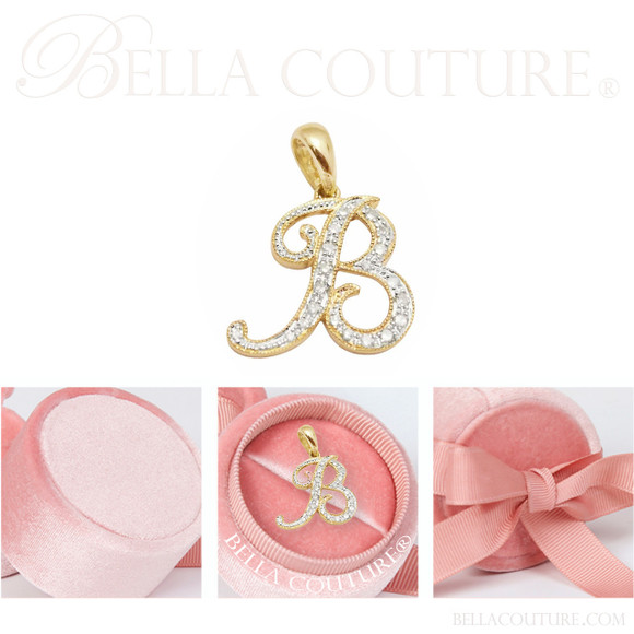 (NEW) BELLA COUTURE ® BRISTOL Initial Letter (D) Diamond 14K Yellow Gold Italic Cursive Large Alphabet Charm Pendant Jewelry (15MM x 14MM)