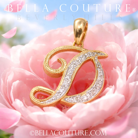 (NEW) BELLA COUTURE ® BRISTOL Initial Letter (D) Diamond 14K Yellow Gold Italic Cursive Large Alphabet Charm Pendant Jewelry (15MM x 14MM)