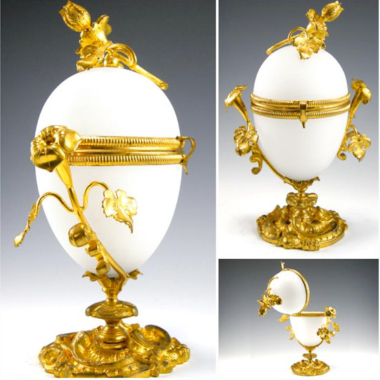 SOLD! - (ANTIQUE) French Palais Royal Gilt Ormolu White Opaline Glass Egg Casket Box