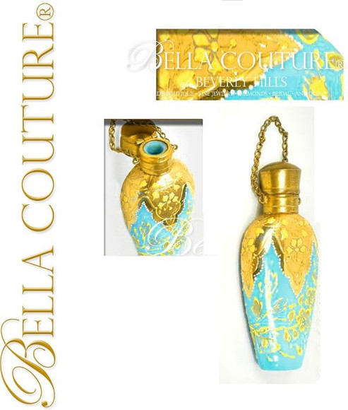 SOLD! - (ANTIQUE) French 19thC Turquoise Blue Opaline Glass Hand Painted Enameled Chatelaine Perfume Scent Bottle