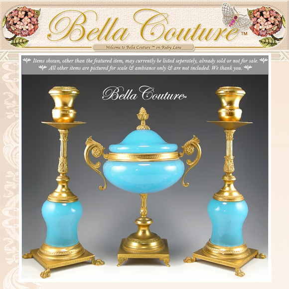 SOLD! - Gorgeous Antique Circa Late 19th Century French Blue Opaline Glass Gilt Ormolu Candle Sticks Candlesticks