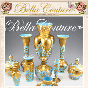 SOLD! - (ANTIQUE) French Floral Turquoise Blue Opaline Hand Painted Enameled Bud Vase Wine Glass