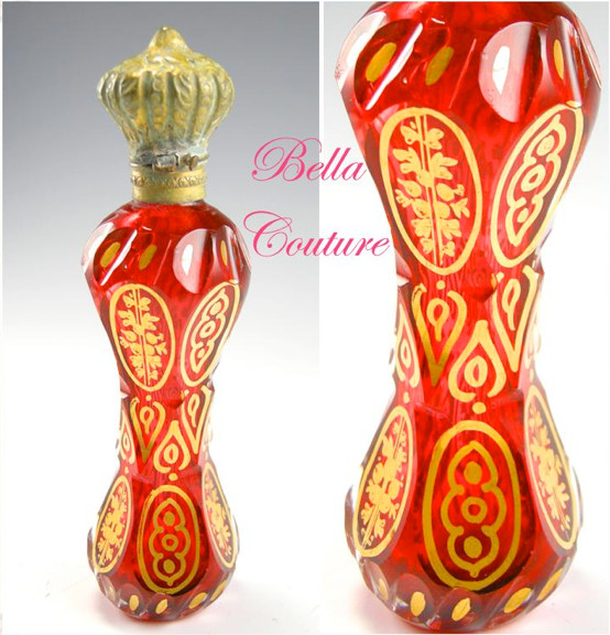 SOLD! - (ANTIQUE) circa 1700s French Cranberry Red Painted Gilt Glass Scent Perfume Bottle
