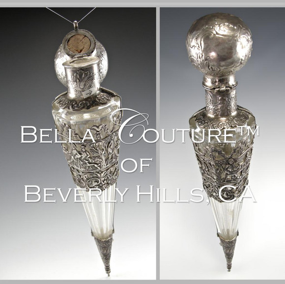 SOLD! - (ANTIQUE) Crystal Sterling Silver Overlay Riding Salt Flask-like Laydown Lay Down Hinged Top Perfume Bottle