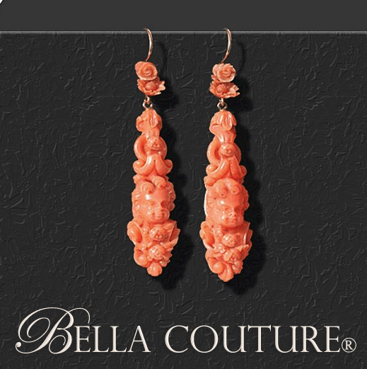SOLD! - (ANTIQUE) Georgian or Victorian 18K Yellow Gold Carved Coral Demi-Parure Cherub Cameo Pendant Dangle Drop Earrings