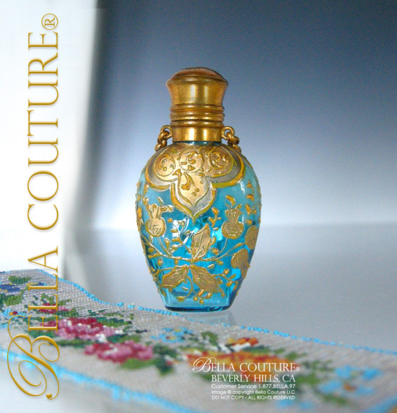 SOLD! - Gorgeous Antique Victorian French Moser Turquoise Blue Hand Painted Enameled Art Glass Chatelaine Perfume Scent Bottle