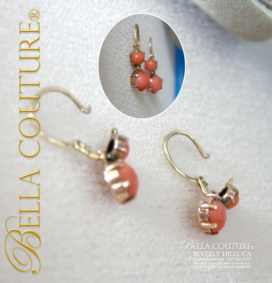 SOLD! - Gorgeous Antique Georgian Victorian 14K Yellow & Rose Gold Coral Dangle Drop Earrings circa 1800-1840