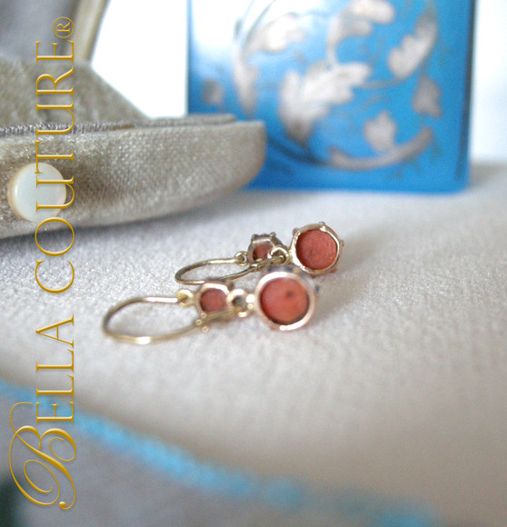 SOLD! - Gorgeous Antique Georgian Victorian 14K Yellow & Rose Gold Coral Dangle Drop Earrings circa 1800-1840