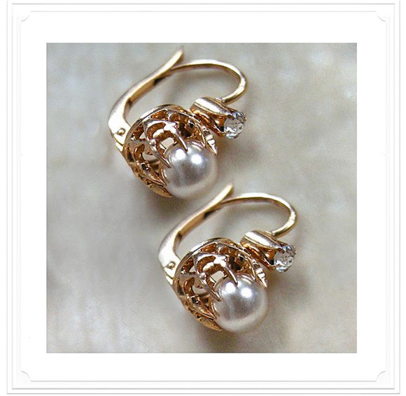 SOLD! - Gorgeous Fine Antique French Victorian circa 1838 18K Rose-Yellow Gold Salt Water Pearl & White Sapphire (Diamond-Cut) Earrings Jewelry Jewellery