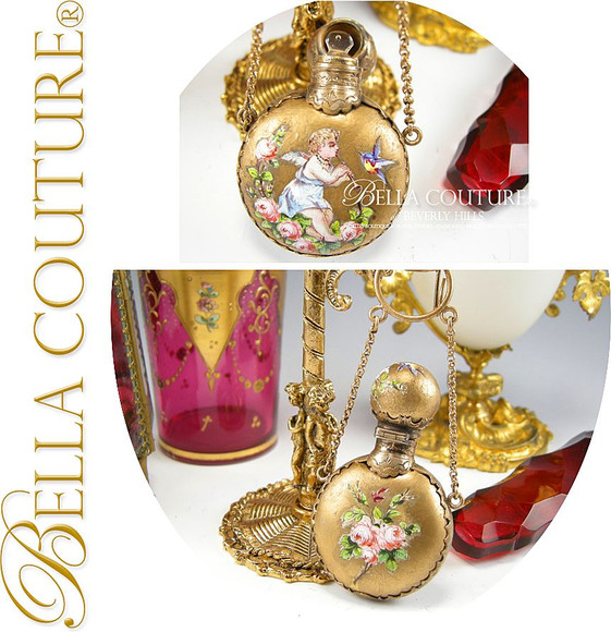SOLD! - Gorgeous Antique French or Viennese Austrian Enameled Putti Gilt Chatelaine Scent Perfume Bottle Flacon Flask