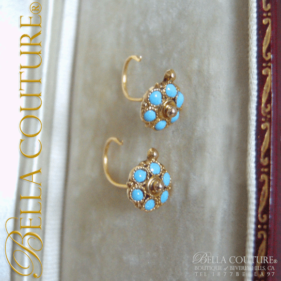 SOLD! - Gorgeous Antique Victorian 18K Yellow Gold Persian Hue Turquoise Enamel Flower Earrings Fine French Jewelry