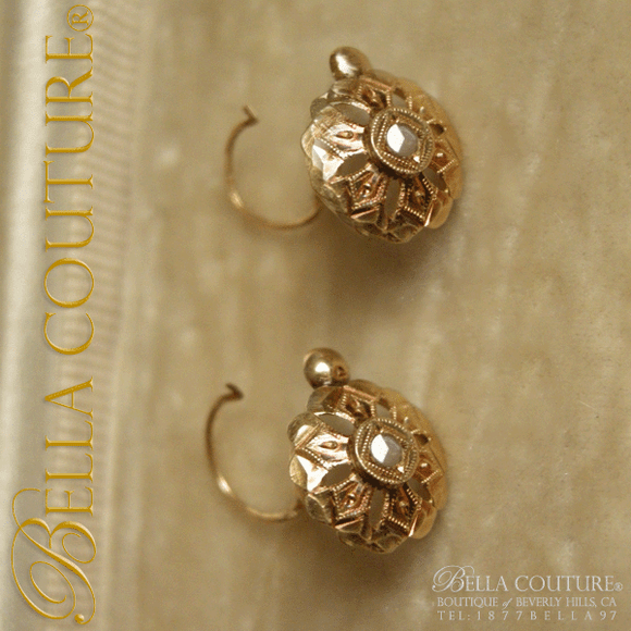 SOLD! - (ANTIQUE) Gorgeous Victorian 18K Yellow Rose Gold Rose-Cut Diamond Circa. 1838 Ornate Earrings Fine French Jewelry Jewellery
