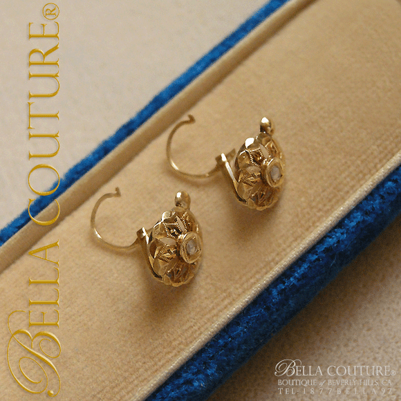 SOLD! - (ANTIQUE) Gorgeous Victorian 18K Yellow Rose Gold Rose-Cut Diamond Circa. 1838 Ornate Earrings Fine French Jewelry Jewellery