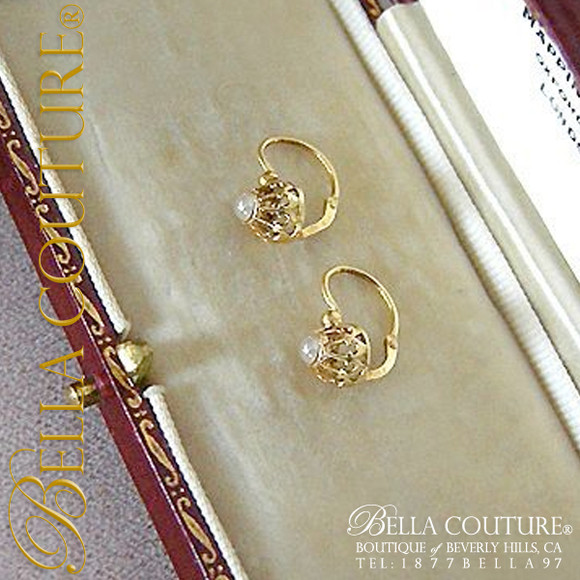 SOLD! - RARE Pristine! Gorgeous Fine Antique French Victorian circa 1838 18K Yellow Gold Salt Water White Pearl Earrings Jewelry Jewellery