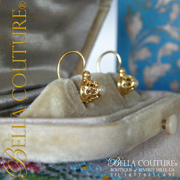 SOLD! - RARE Pristine! Gorgeous Fine Antique French Victorian circa 1838 18K Yellow Gold Salt Water White Pearl Earrings Jewelry Jewellery
