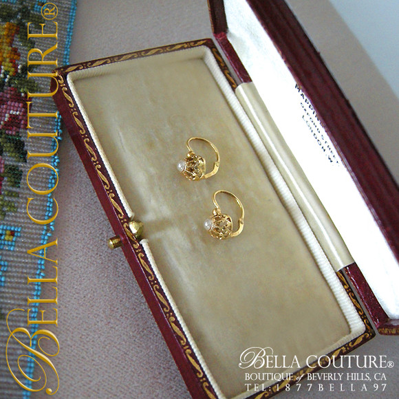 SOLD! - RARE Pristine! Gorgeous Fine Antique French Victorian circa 1838 18K Yellow Gold Salt Water White Pearl Earrings Jewelry Jewellery