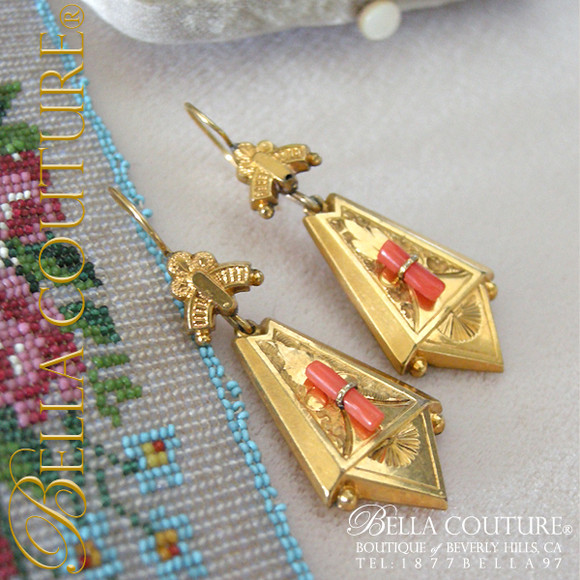SOLD! - (ANTIQUE) Victorian Gold Coral Dangle Drop Earrings