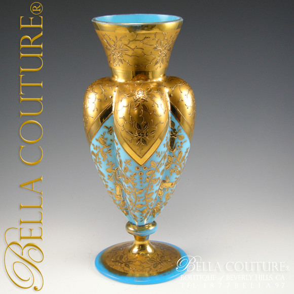 SOLD! - RARE Antique Gorgeous Large MOSER French Floral Blue Opaline Bohemian Gilt Gold Vase