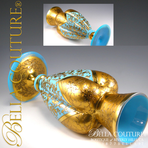 SOLD! - RARE Antique Gorgeous Large MOSER French Floral Blue Opaline Bohemian Gilt Gold Vase