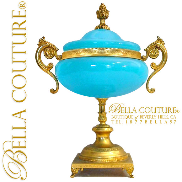 SOLD! - (ANTIQUE) French Blue Opaline Box Dore Bronze Centerpiece with Double Handle Footed Pedestal Base & Paw Feet