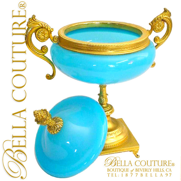 SOLD! - (ANTIQUE) French Blue Opaline Box Dore Bronze Centerpiece with Double Handle Footed Pedestal Base & Paw Feet