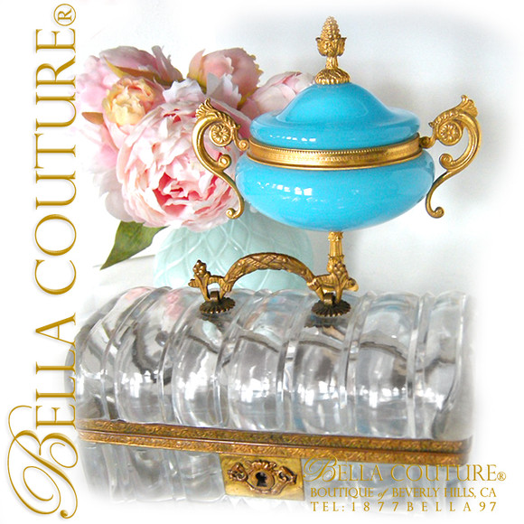 SOLD! - (ANTIQUE) French Blue Opaline Box Dore Bronze Centerpiece with Double Handle Footed Pedestal Base & Paw Feet
