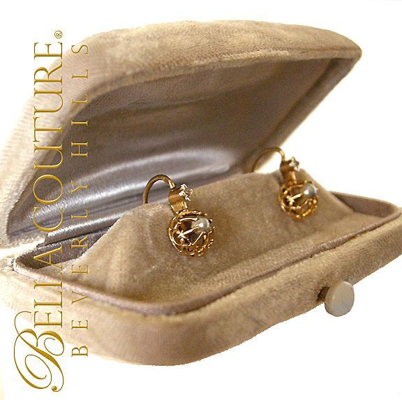 SOLD! - Gorgeous Fine Antique French Victorian circa 1838 18K Yellow Gold Salt Water Pearl & White Sapphire Earrings
