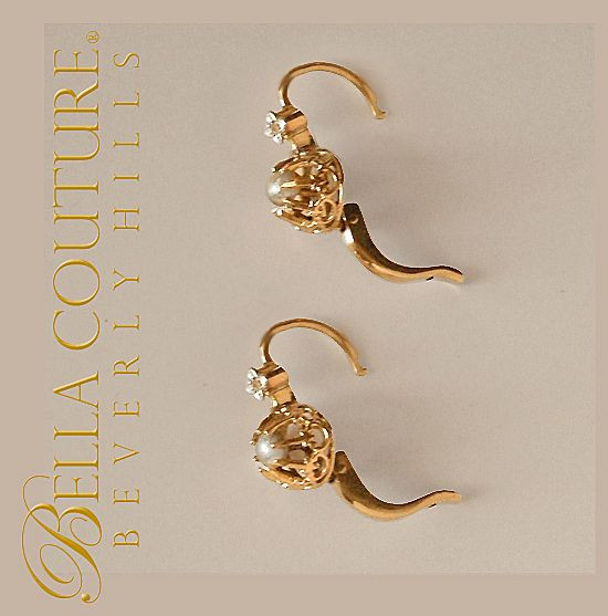 SOLD! - Gorgeous Fine Antique French Victorian circa 1838 18K Yellow Gold Salt Water Pearl & White Sapphire Earrings