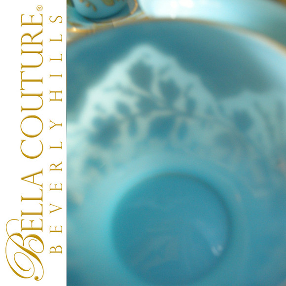 SOLD! - ANTIQUE Gorgeous MOSER Floral Gilt Gold Enamel French Bohemian Blue Opaline Glass Miniature Tea Cup & Saucer Dish Plate