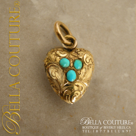 SOLD! - (ANTIQUE) Rarest Gorgeous Antique Georgian Pave Turquoise Puffy Heart c.1790 - 1840! 18K Gold Charm Pendant