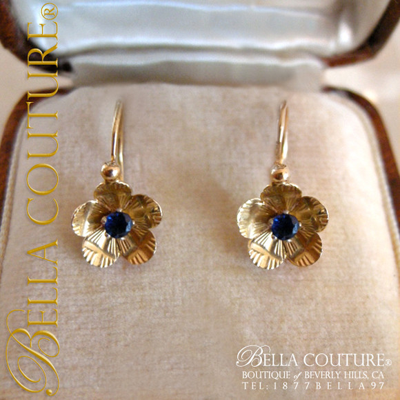 SOLD! - (ANTIQUE) Victorian Blue Sapphire 18K Yellow Gold Floral Flower Petal Earrings