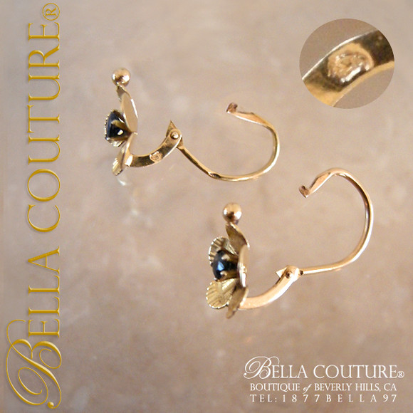SOLD! - (ANTIQUE) Victorian Blue Sapphire 18K Yellow Gold Floral Flower Petal Earrings
