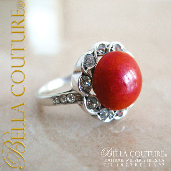 SOLD! - (ANTIQUE) Rare Gorgeous Fine Antique French Victorian Coral Silver (Diamond-Paste) Floral Flower Motif Ring Band Jewelry