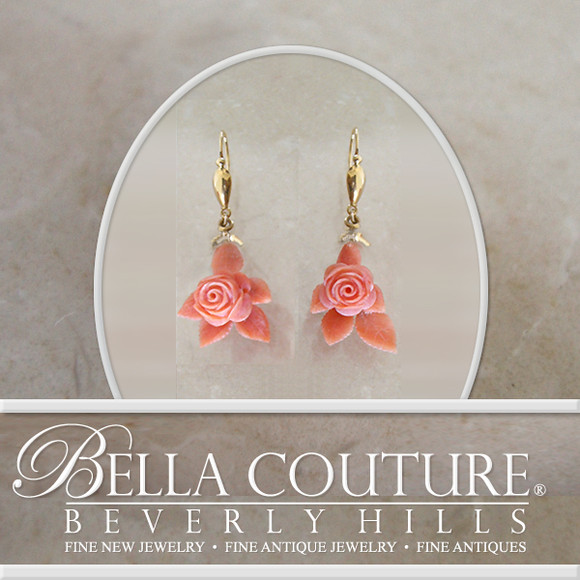 SOLD! - (ANTIQUE) Rare Georgian Victorian Carved Rose Flower & Leave Coral 18K Gold Earrings