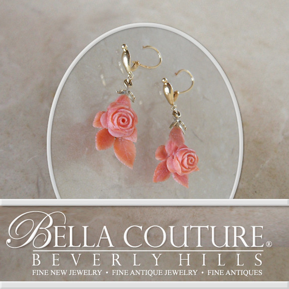 SOLD! - (ANTIQUE) Rare Georgian Victorian Carved Rose Flower & Leave Coral 18K Gold Earrings