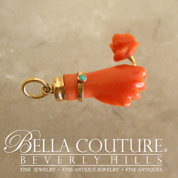SALE PENDING! - ANTIQUE Rare Georgian Victorian Carved Coral Hand Rose Flower & Miniature Turquoise 18K Gold Charm Bracelet