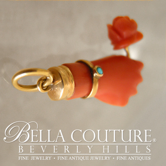 SALE PENDING! - ANTIQUE Rare Georgian Victorian Carved Coral Hand Rose Flower & Miniature Turquoise 18K Gold Charm Bracelet