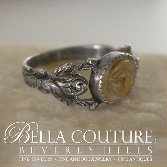 SOLD! - (ANTIQUE) Rare Victorian circa 1870-1890 One of a Kind Sterling Silver Carved Lava Cameo Ring Fine Jewelry
