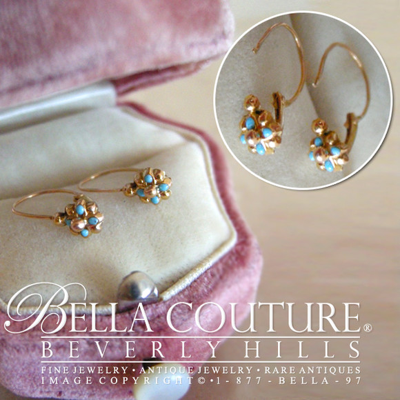 SOLD! - (ANTIQUE) Rare Danity Victorian 18K Gold Turquoise Enamel Flower Earrings Fine French Jewelry Jewellry