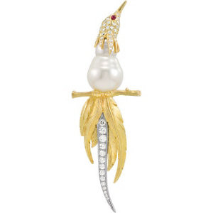 SOLD OUT! - BELLA COUTURE One of Kind South Sea Cultured Pearl 1 3/8 CT Diamond Bird Brooch in 18K Yellow Gold - High Jewelry