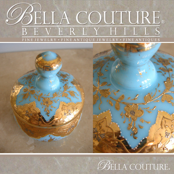 SOLD! - (ANTIQUE) Rare Victorian MOSER French Floral Blue Opaline Bohemian Enamel Gilt Art Glass Sugar Tea Box Finest