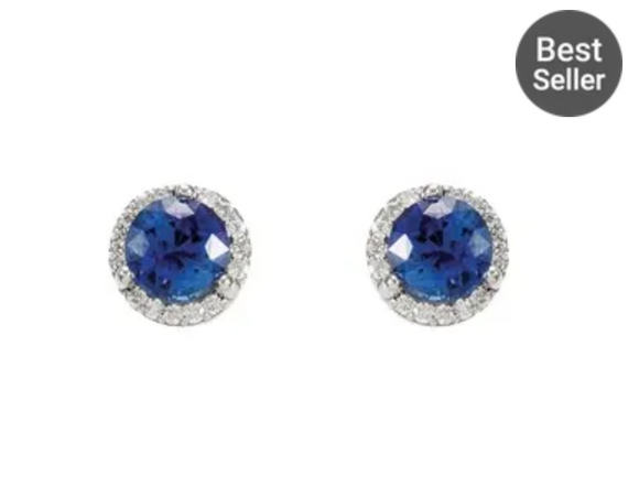 (NEW) BELLA COUTURE FINE 1/6CT DIAMOND PAVE' GENUINE BLUE SAPPHIRE EARRINGS in 14K White Gold