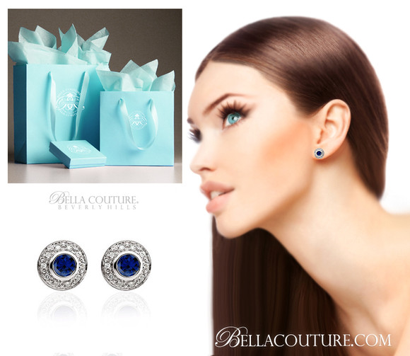 (NEW) BELLA COUTURE FINE DIAMOND GENUINE SAPPHIRE CLASSIC STUD EARRINGS in 14K White Gold