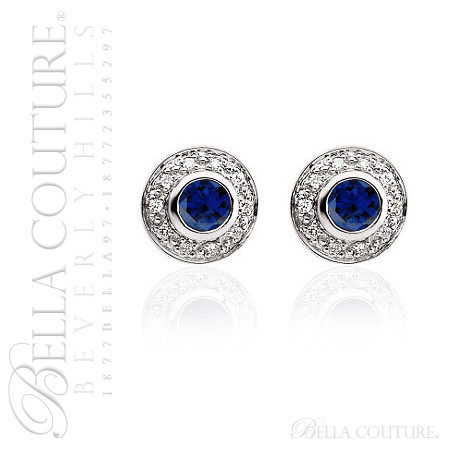 (NEW) BELLA COUTURE FINE DIAMOND GENUINE SAPPHIRE CLASSIC STUD EARRINGS in 14K White Gold
